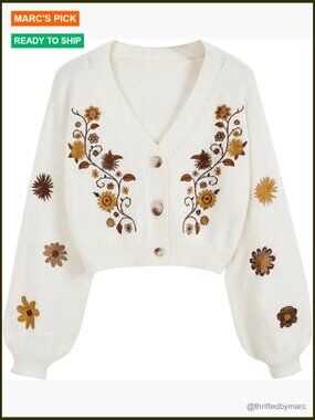 Floral Boho Cropped Cardigan Sweater Knit Button Down Top